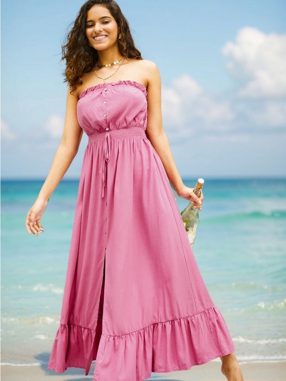 CUPSHE Strapless Pink Maxi Dress with Ruffled Hem - Never worn!